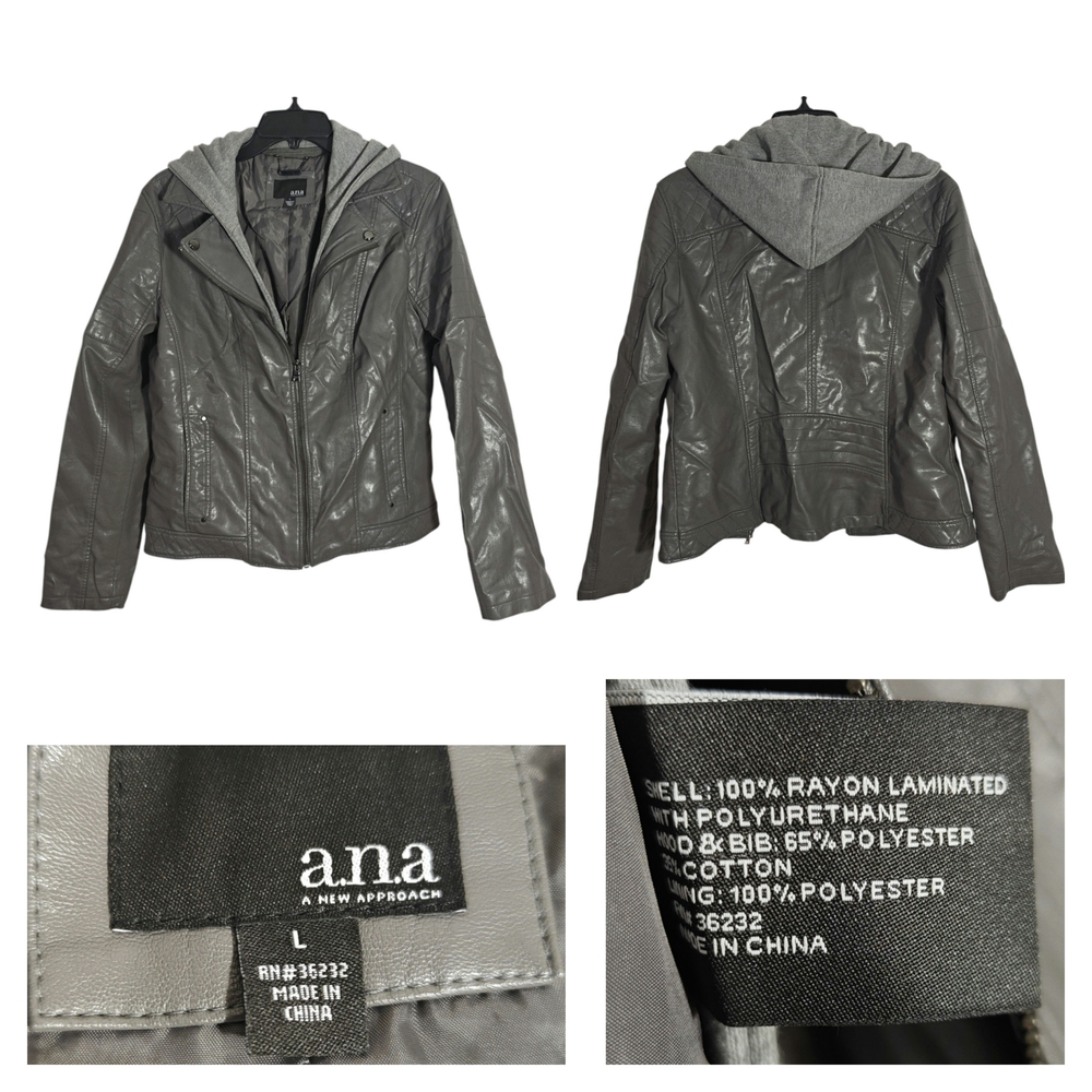 a.n.a Women's Charcoal Leather Jacket with Hood
